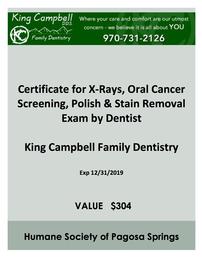 $304 Value Certificate for X-Rays, Oral Cancer Screening, Poish & Stain Removal, Exam by Dentist Exp 12/31/2019 202//261